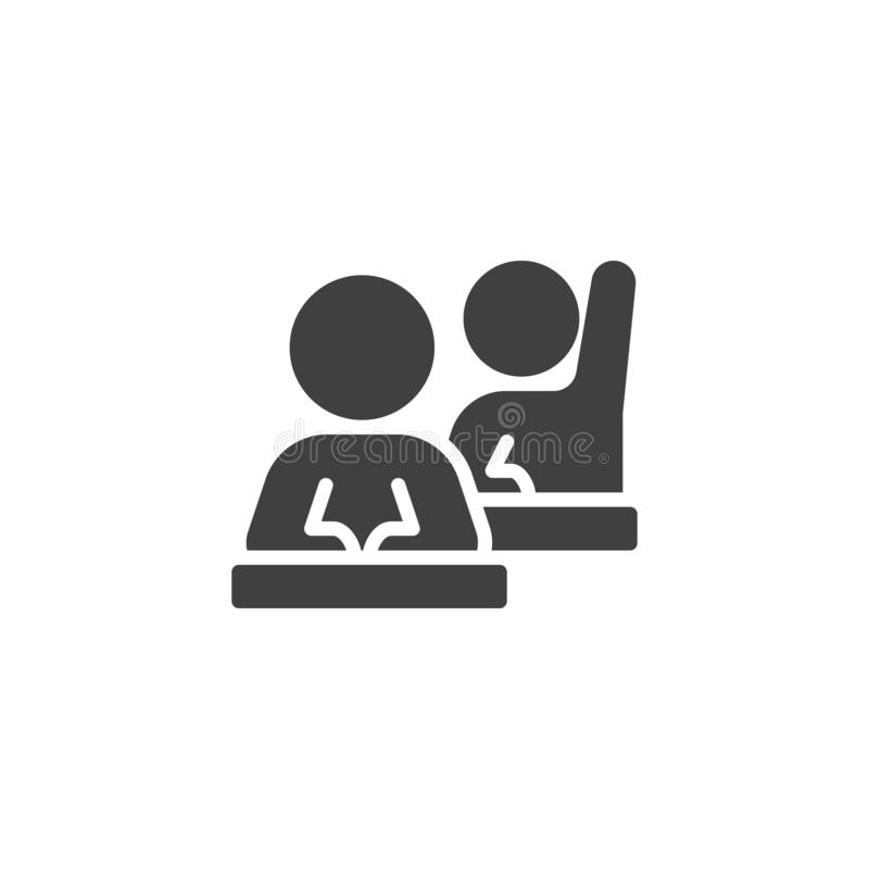 corporate training vector icon filled flat sign mobile concept web design employee sitting table rising hand glyph 164409886